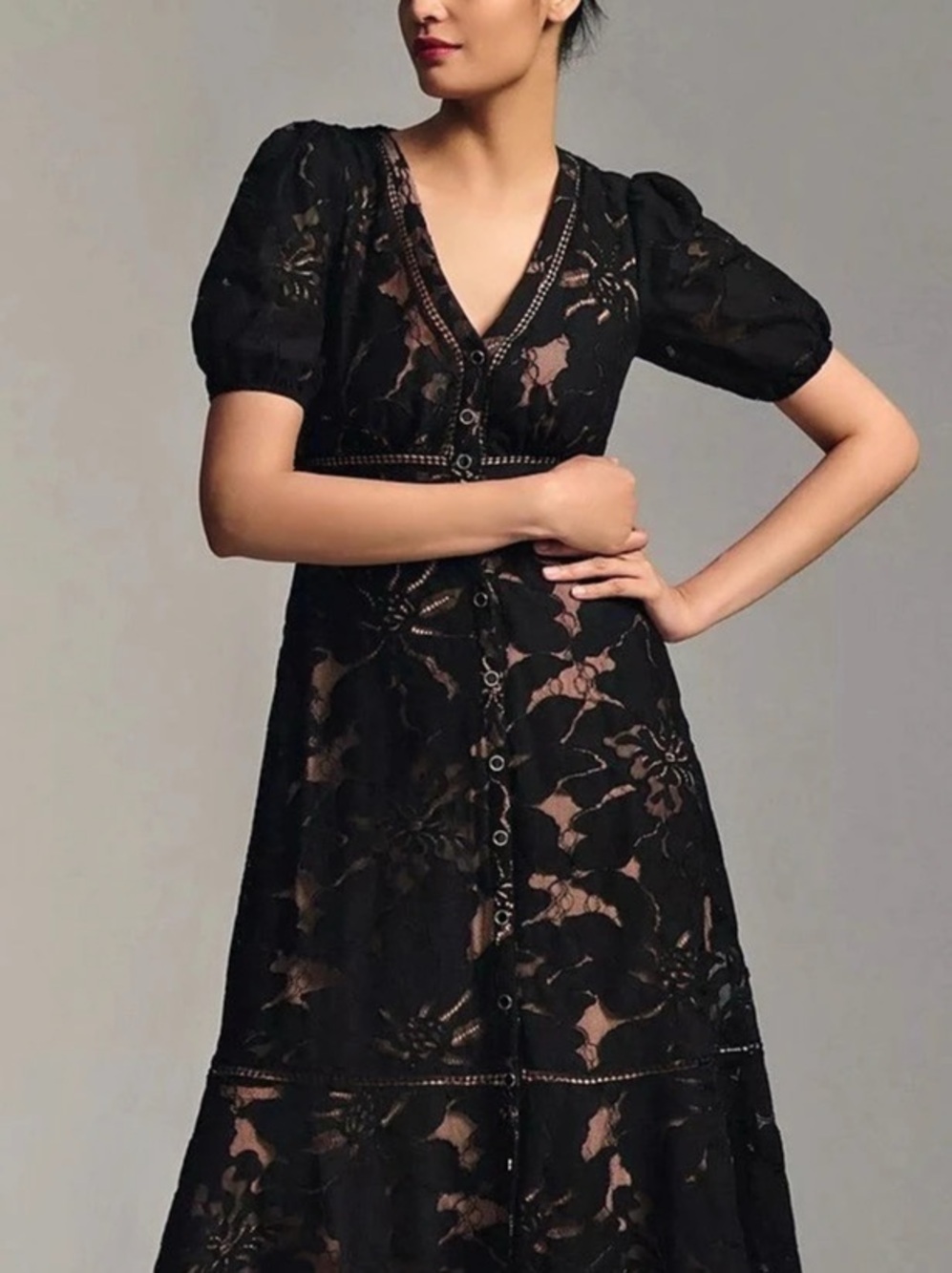 Anthropologie Puff Sleeve Button-Front Lace Midi Dress